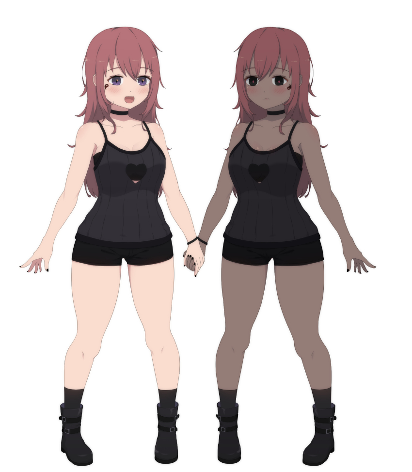 2girls :d :| ankle_boots aren&#039;t_grim_reapers_supposed_to_be_scary bare_legs bare_shoulders black_choker black_eyes black_footwear black_nails black_shirt black_shorts black_socks boots breasts reference_sheet choker closed_mouth clothing_cutout collarbone dark-skinned_female dark_skin facial_tattoo full_body hair_between_eyes heart_cutout highres holding_hands kamuo kneehighs lafi_(kamuo) light_blush long_hair looking_at_viewer medium_breasts messy_hair multiple_girls open_mouth purple_eyes rafi_(kamuo) red_hair red_pupils shirt short_shorts shorts siblings sidelocks simple_background sleeveless sleeveless_shirt smile socks spaghetti_strap tachi-e tattoo thick_thighs thighs twins white_background