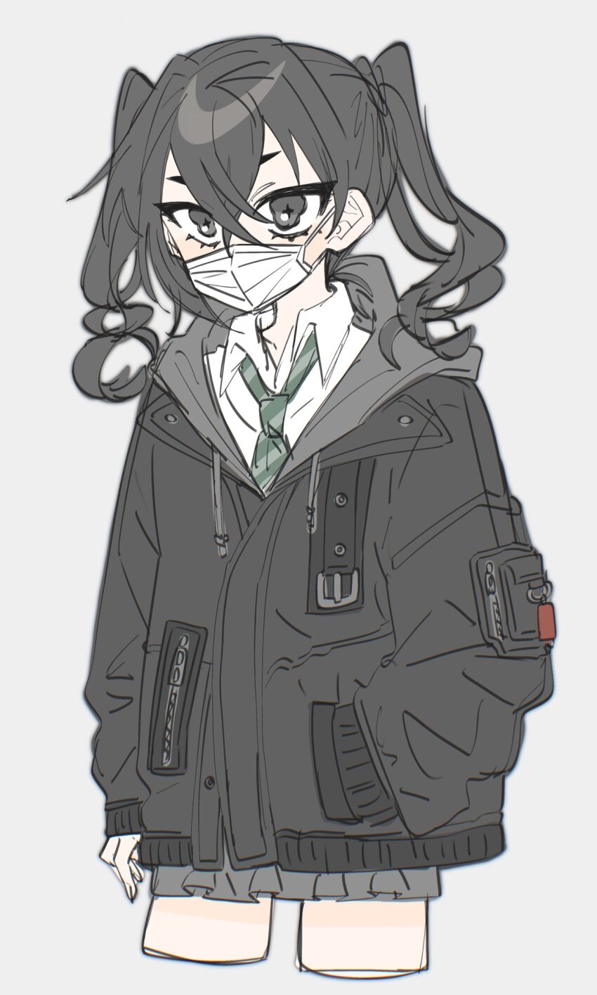 1girl black_hair black_jacket commentary cropped_legs crossed_bangs green_necktie grey_skirt hair_between_eyes hamuchosu hand_in_pocket highres hood hooded_jacket idolmaster idolmaster_cinderella_girls jacket long_hair looking_ahead mask mole mole_under_eye mouth_mask necktie pleated_skirt school_uniform shirt simple_background skirt solo sunazuka_akira symbol-only_commentary thighs twintails white_mask white_shirt