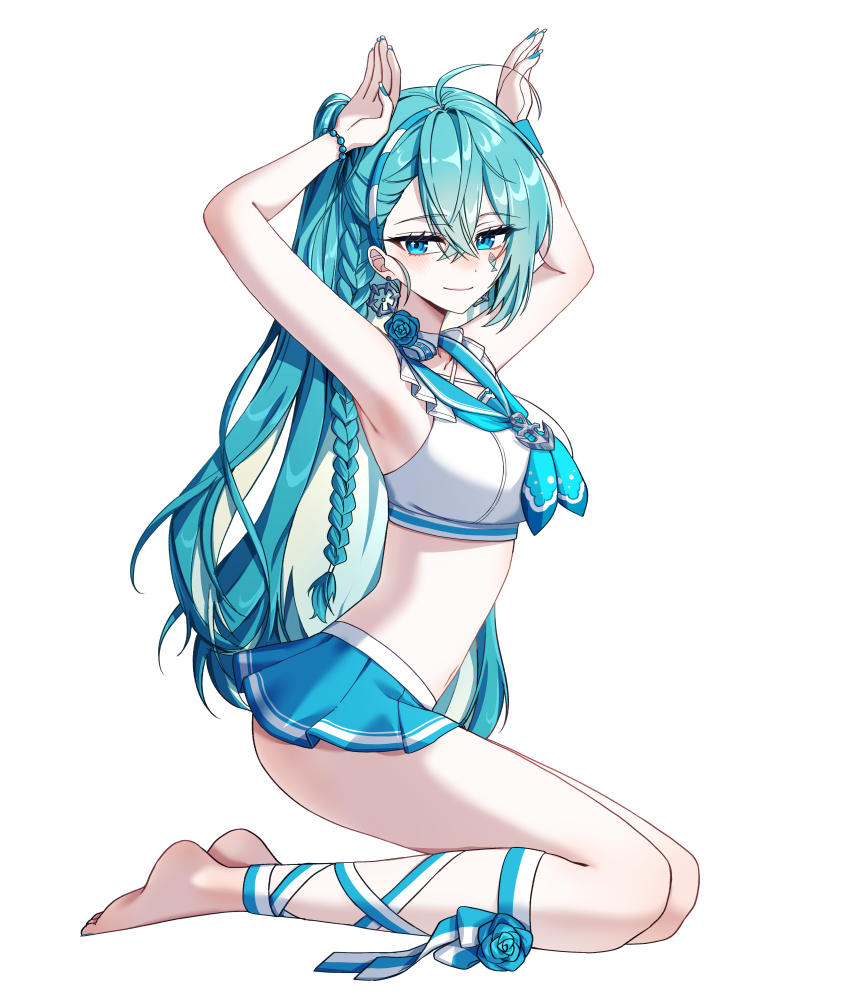 1girl absurdres ahoge aqua_hair armpits arms_up bare_arms bare_shoulders barefoot bead_bracelet beads black_survival blue_eyes blue_sailor_collar blue_skirt bracelet braid breasts cheerleader choker closed_mouth crop_top earrings emma_hardy eternal_return:_black_survival from_side hairband highres jewelry kneeling large_breasts leg_ribbon long_hair looking_at_viewer looking_to_the_side microskirt midriff moonb3702 nail_polish navel neckerchief official_alternate_costume one_side_up pleated_skirt rabbit_pose ribbon sailor_collar shirt simple_background skirt sleeveless sleeveless_shirt smile solo stomach thighs very_long_hair white_background white_choker white_shirt