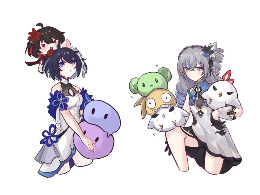 2girls ahoge ai-chan_(honkai_impact) black_gloves black_shorts blue_eyes bob_cut breasts bronya_zaychik bronya_zaychik_(arc_city_blues) bronya_zaychik_(haxxor_bunny) character_doll china_dress chinese_clothes closed_mouth commentary doll dress drill_hair gloves grey_eyes grey_hair highres homu_(honkai_impact) honkai_(series) honkai_impact_3rd jingwei_(bird) long_hair looking_at_viewer multiple_girls red_eyes red_hair sang_yuchen seele_(alter_ego) seele_vollerei seele_vollerei_(mirrored_flourishes) seele_vollerei_(stygian_nymph) short_hair shorts simple_background small_breasts smile white_background white_dress