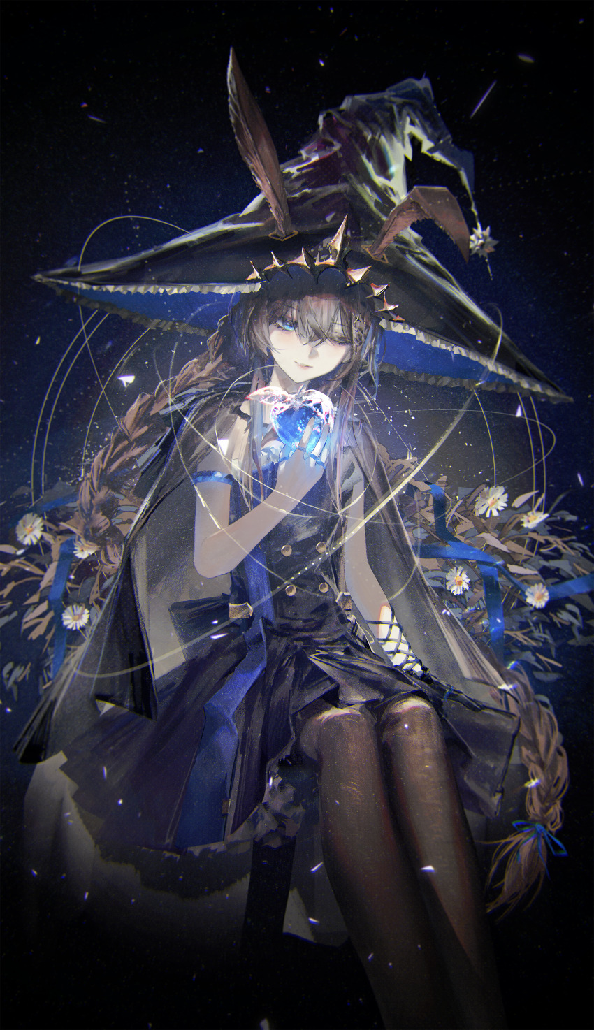 1girl absurdres ambience_synesthesia amiya_(arknights) amiya_(medic)_(arknights) amiya_(medic)_(solo_around_the_world)_(arknights) animal_ears arknights black_dress braid brown_hair brown_pantyhose crystal_apple dress ears_through_headwear food fruit hat highres holding holding_food holding_fruit long_hair one_eye_closed pantyhose rabbit_ears rsef sitting solo twin_braids twintails very_long_hair witch_hat