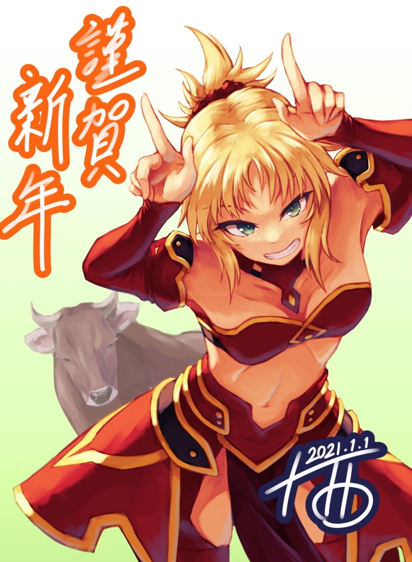 1girl 2021 armpits bandeau bare_shoulders blonde_hair breasts cow dated fate/grand_order fate_(series) green_eyes grin hair_ornament hair_scrunchie highres horns_pose juunishi_aya looking_at_viewer mordred_(fate) mordred_(fate/apocrypha) nengajou new_year pelvic_curtain red_scrunchie red_skirt scrunchie skirt small_breasts smile solo tagme teeth