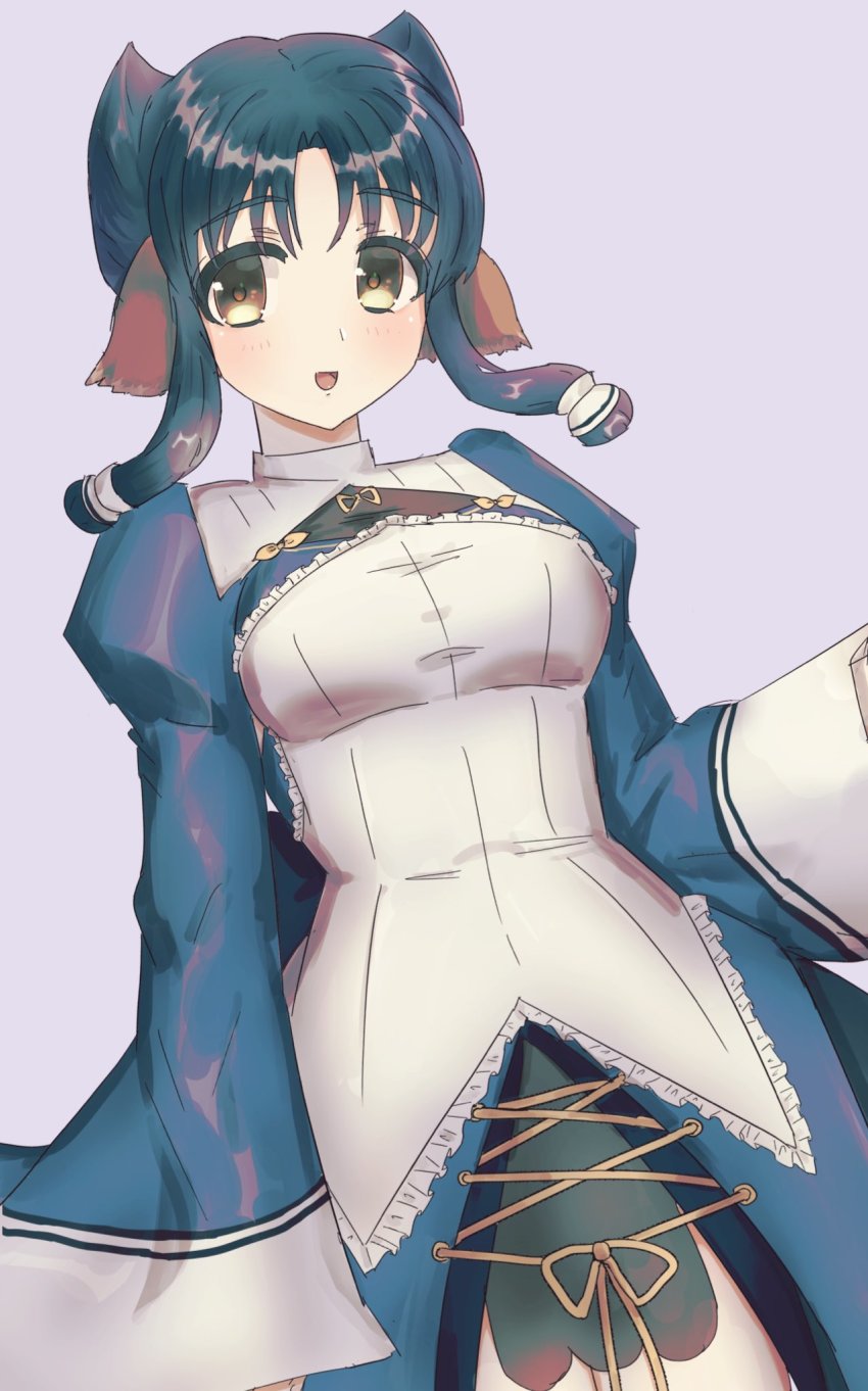 1girl animal_ears aquaplus arm_up atuy blue_hair blush breasts cowboy_shot dress frilled_dress frills gradient_eyes highres imawanaki legs_together long_sleeves looking_at_viewer medium_breasts multicolored_eyes open_mouth parted_bangs puffy_sleeves raised_eyebrows short_hair_with_long_locks solo taut_clothes taut_dress thighs thighs_together utawarerumono utawarerumono:_itsuwari_no_kamen utawarerumono:_lost_flag wide_sleeves yellow_eyes