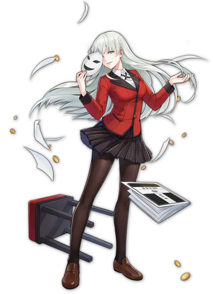 1girl aqua_lips artist_request bolo_tie brown_footwear coin collared_shirt cross_tie formal_clothes game_cg gold_coin highres holding holding_mask houndstooth hyakkaou_academy_school_uniform jacket kakegurui lips lipstick mahjong_soul makeup mask momobami_ririka official_art pantyhose paper pleated_skirt red_jacket red_suit school_uniform shirt simple_background skirt stool suit suit_jacket third-party_source transparent_background white_hair white_shirt yostar