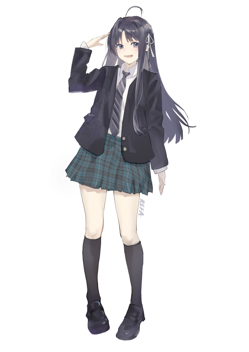 1girl :d absurdres ahoge arm_at_side awa_subaru black_eyes black_hair black_jacket black_necktie black_shoes black_socks collared_shirt diagonal-striped_clothes diagonal-striped_necktie full_body girls_band_cry green_skirt grey_ribbon hair_ribbon highres jacket kneehighs long_hair long_sleeves looking_at_viewer lower_teeth_only making-of_available necktie open_clothes open_jacket open_mouth plaid_clothes plaid_skirt procreate_(medium) reach_far_away_(viuooczy) ribbon salute school_uniform shirt shoes simple_background skirt smile socks solo standing striped_clothes teeth white_background white_shirt