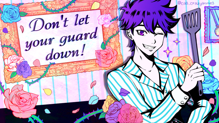 1boy collarbone colored_skin crazyanime3 english_text flower grin hero_(headspace)_(omori) hero_(omori) highres holding holding_spatula long_sleeves looking_at_viewer omori one_eye_closed pajamas persona plant purple_eyes purple_hair rose short_hair smile soejima_shigenori_(style) solo sparkle spatula striped_pajamas teeth thorns vertical-striped_clothes vertical-striped_pajamas vines white_skin