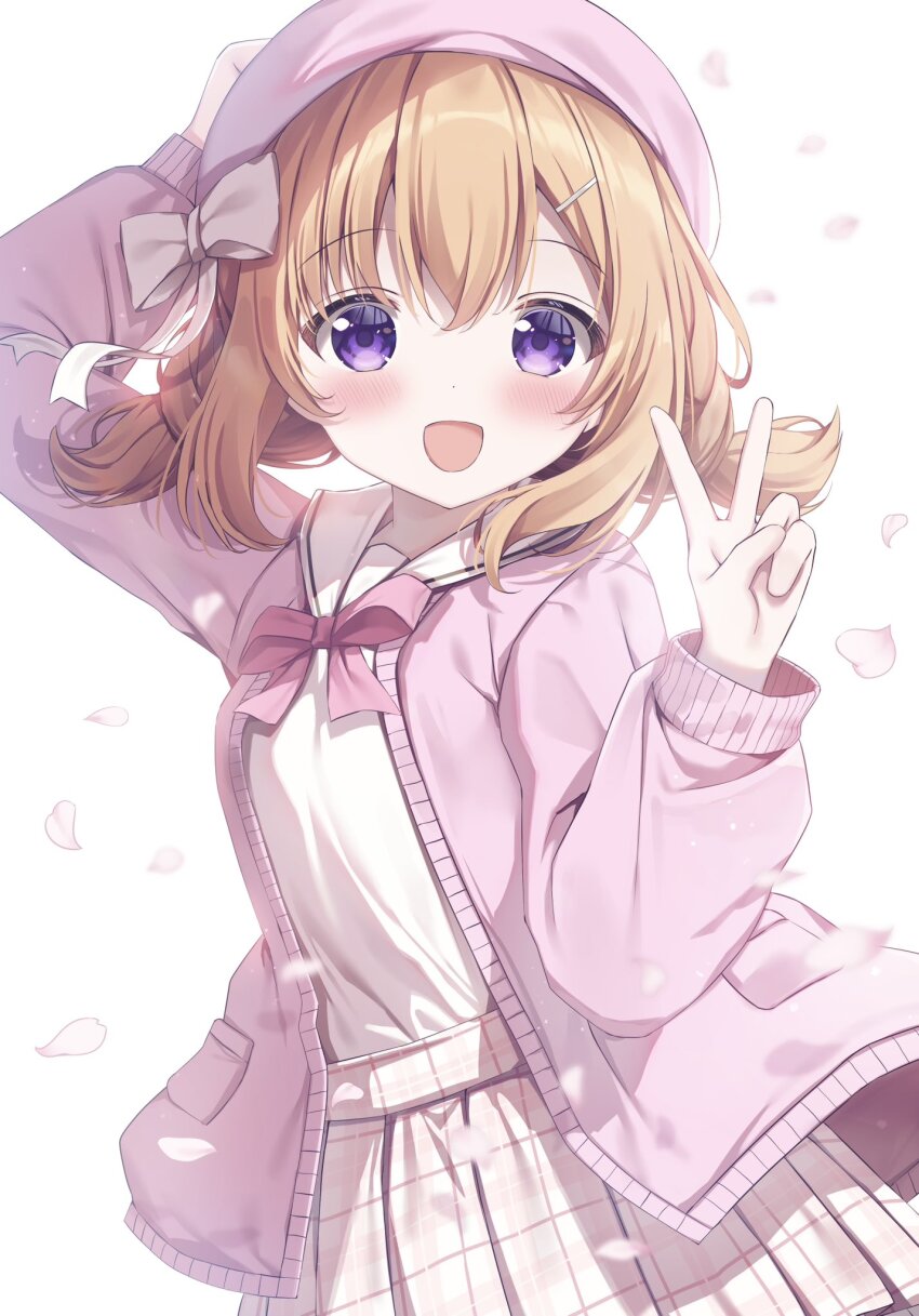1girl :d arm_behind_head blush bow bowtie cardigan commentary_request cowboy_shot falling_petals gochuumon_wa_usagi_desu_ka? hair_ornament hairclip hand_up hat highres hoto_cocoa long_sleeves looking_at_viewer open_cardigan open_clothes open_mouth orange_hair petals pink_bow pink_bowtie pink_cardigan pink_hat pink_skirt pizzzica plaid_clothes plaid_skirt pleated_skirt purple_eyes sailor_collar shirt short_hair simple_background skirt smile solo v white_background white_sailor_collar white_shirt