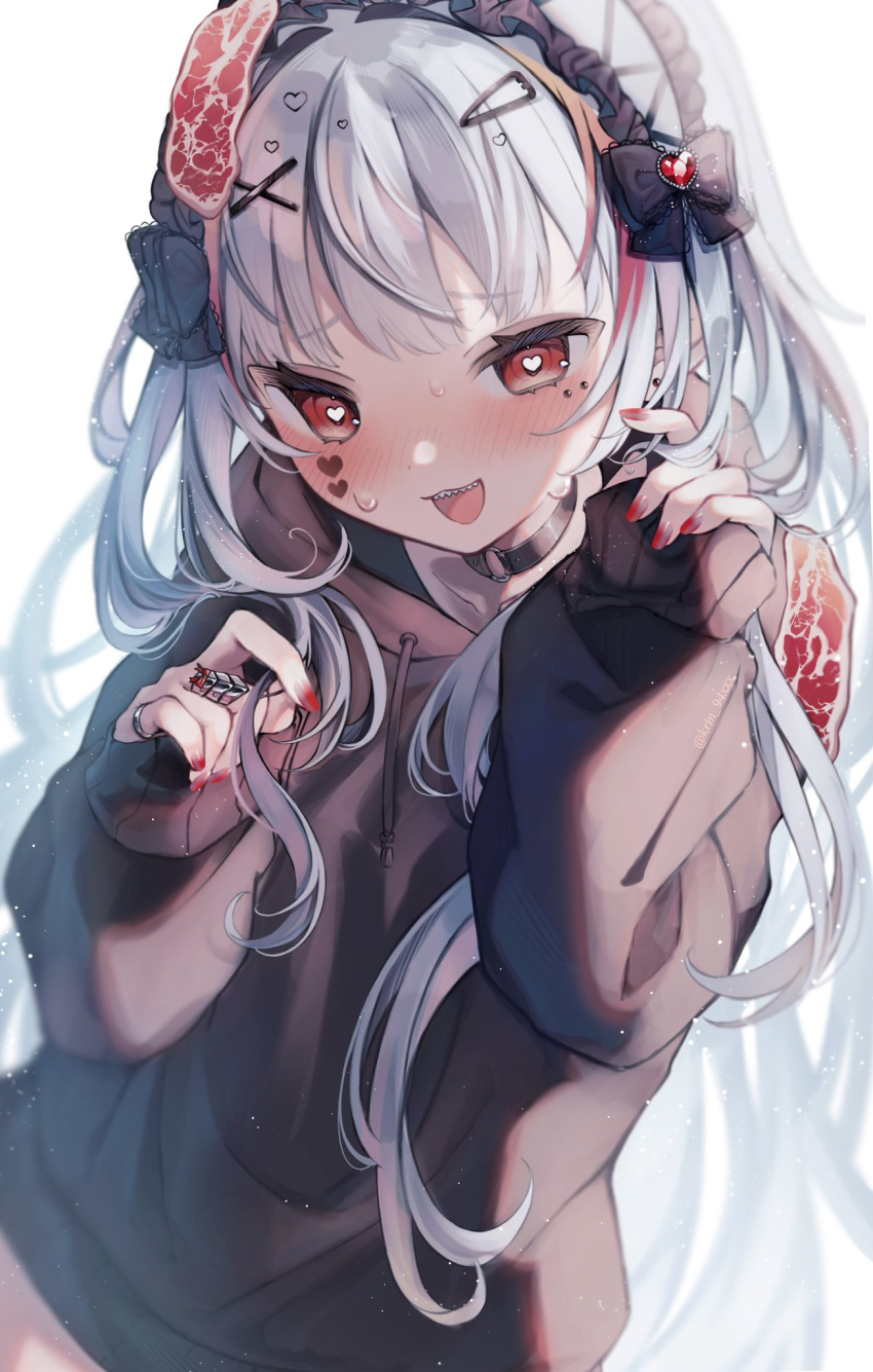 1girl black_bow black_sweater blush bow commentary_request dutch_angle hair_ornament hairclip hands_up heart heart_tattoo highres holding holding_own_hair hood hooded_sweater indie_virtual_youtuber jewelry kuromu_(96-94) long_hair looking_at_viewer multiple_rings open_mouth red_eyes red_nails ring sabita_hagane sharp_teeth simple_background sliced_meat smile solo sweater tattoo teeth upper_body virtual_youtuber white_background white_hair x_hair_ornament