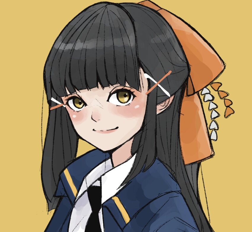 1girl assault_lily black_hair black_necktie blue_jacket blunt_bangs blush bow closed_mouth collared_shirt commentary_request hair_bow hair_ornament half_updo highres jacket long_hair looking_at_viewer necktie odaiba_girls_high_school_uniform open_clothes open_jacket orange_bow portrait sally_(allogkk) school_uniform shirt sidelocks simple_background smile tsukioka_momiji white_shirt x_hair_ornament yellow_background yellow_eyes