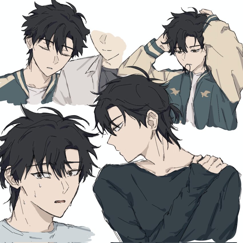 2boys adjusting_hair black_eyes black_hair black_shirt blue_jacket cheng_xiaoshi choco_1269 closed_eyes closed_mouth collarbone hair_tie_in_mouth hand_on_own_shoulder highres jacket leaning_on_person long_sleeves looking_at_viewer lu_guang male_focus mouth_hold multicolored_jacket multiple_boys multiple_views open_clothes open_jacket open_mouth out_of_frame parted_lips ponytail profile shiguang_dailiren shirt short_hair short_ponytail simple_background sleeves_past_wrists solo_focus sweat tying_hair upper_body white_background white_shirt yellow_jacket