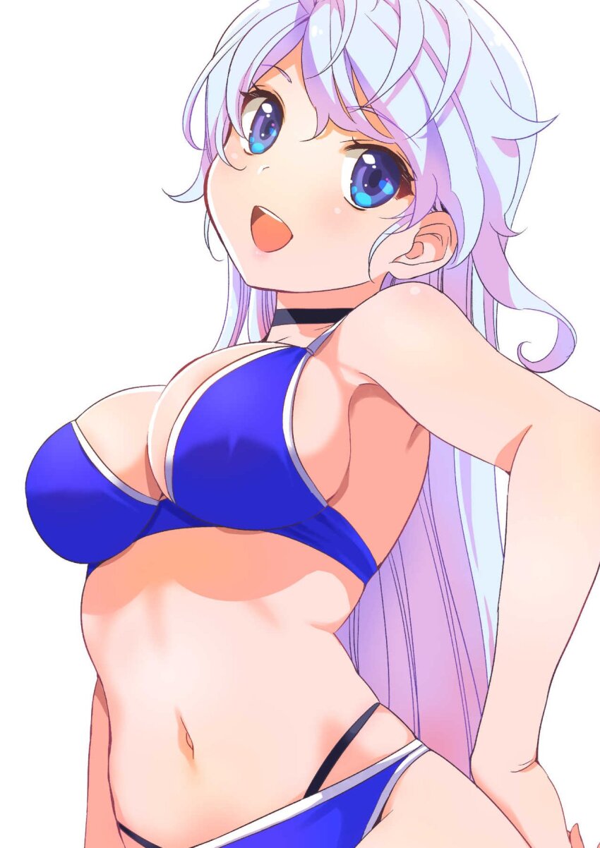 1girl bikini blue_bikini blue_eyes blush boku_no_kanojo_wa_sasuga_desu. breasts choker cleavage commentary_request highres inoue_sora layered_bikini long_hair looking_at_viewer medium_breasts navel open_mouth sasuga_ayame skindentation smile solo swimsuit upper_body white_hair