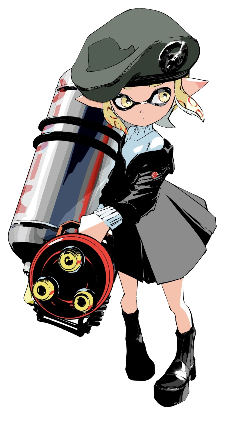 1girl beret black_jacket black_shoes black_skirt black_socks blonde_hair closed_mouth commentary_request expressionless full_body green_hat hat highres holding holding_weapon hood hood_down hooded_jacket hydra_splatling_(splatoon) inkling inkling_girl inkling_player_character jacket lantern_madoyoi loafers long_sleeves looking_to_the_side nintendo pointy_ears shoes short_hair sidelocks simple_background skirt socks solo splatoon_(series) standing sweater tentacle_hair turtleneck turtleneck_sweater weapon white_background white_sweater yellow_eyes