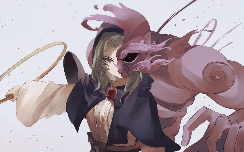 1boy 1girl blue_hair blue_hood closed_mouth commentary english_commentary highres jewelry kesa kumoi_ichirin long_sleeves looking_at_viewer muscular muscular_male naufaldreamer nun red_eyes ring short_hair simple_background touhou unzan upper_body white_background