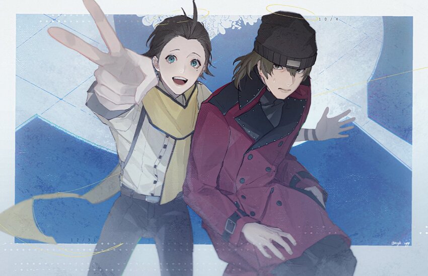 2boys aragaki_shinjirou arm_up beanie belt belt_buckle black_hair black_hat black_pants blue_eyes brown_hair buckle buttons coat commentary_request cowboy_shot hair_between_eyes hair_slicked_back hat kaori long_sleeves looking_at_viewer male_focus mochizuki_ryouji mole mole_under_eye multiple_boys open_hand open_mouth pants persona persona_3 persona_3_reload purple_coat scarf shirt sweatdrop teeth turtleneck twitter_username upper_teeth_only v white_shirt yellow_scarf