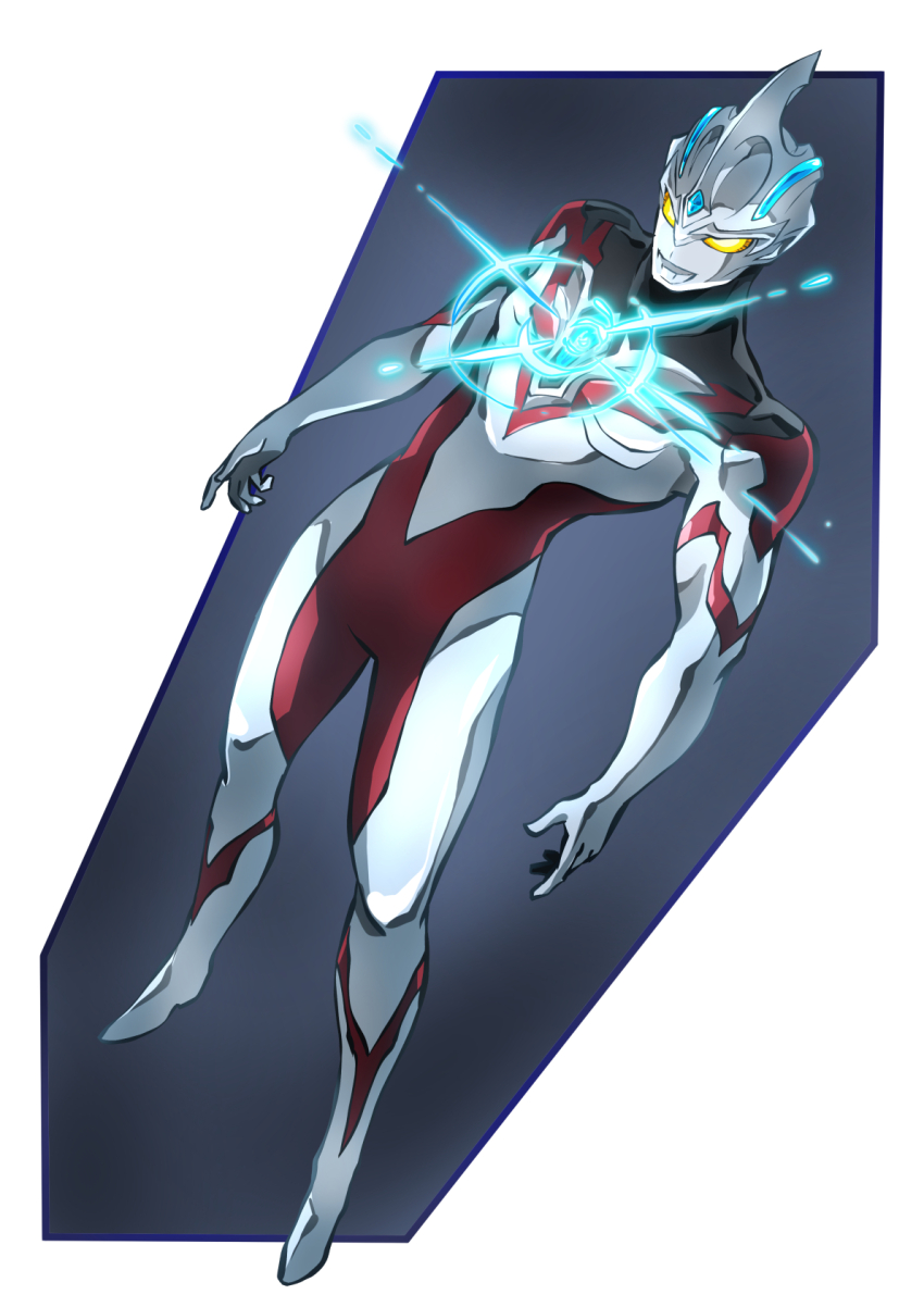 1boy alien black_background black_skin blue_gemstone color_timer colored_skin commentary_request floating forehead_jewel full_body gem glowing highres male_focus multicolored_skin red_skin silver_skin solo sparkle taiga_hiroyuki tokusatsu ultra_series ultraman_arc ultraman_arc_(series) yellow_eyes