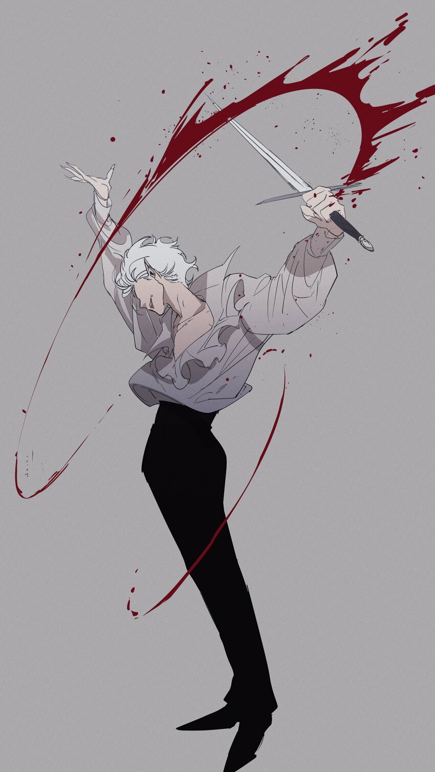 1boy 6cheetah absurdres arms_up astarion baldur&#039;s_gate baldur&#039;s_gate_3 black_pants black_shoes blood blood_splatter collared_shirt commentary dungeons_&amp;_dragons frills grey_background high-waist_pants highres holding holding_sword holding_weapon korean_commentary long_sleeves male_focus no_eyes open_collar outstretched_hand pants pointy_ears pointy_footwear shirt shirt_tucked_in shoes simple_background solo sword weapon white_hair white_shirt