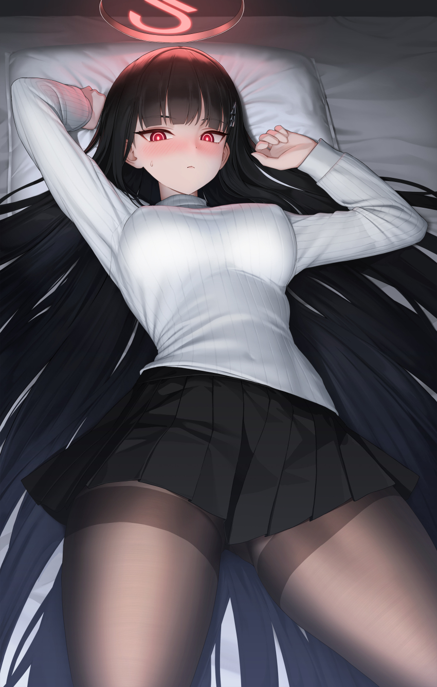 1girl :&lt; absurdres arm_behind_head bilingual_commentary black_hair black_skirt blue_archive blunt_bangs blush breasts bright_pupils brown_pantyhose commentary covered_erect_nipples covered_navel curled_fingers english_commentary from_above groin_tendon hair_behind_ear hair_ornament hair_spread_out hairclip halo hand_up head_on_pillow highres large_breasts long_hair long_sleeves looking_at_viewer lying mixed-language_commentary on_back on_bed palms pantyhose pillow pillow_grab red_eyes ribbed_sweater rio_(blue_archive) skirt sleeve_cuffs solo spread_legs ssolar straight_hair sweatdrop sweater thighband_pantyhose thighs turtleneck turtleneck_sweater underwear very_long_hair white_sweater