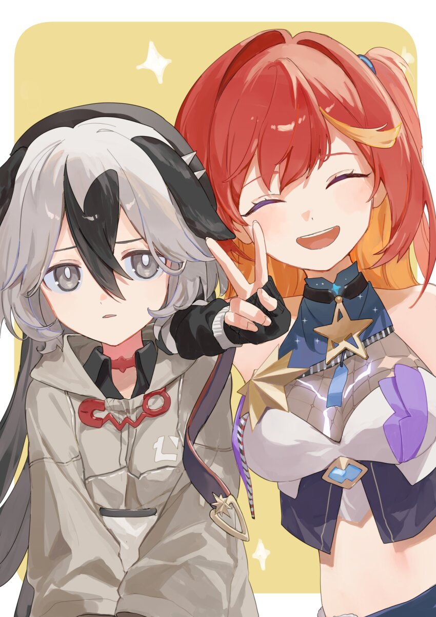 2girls ^_^ absurdres animal_ears bare_shoulders beret black_gloves black_hair black_hat black_shirt breasts brown_background closed_eyes collared_shirt commentary_request coralie_6626_planck coralie_6626_planck coralie_6626_planck_(valkyrie_blastmetal) facing_viewer fingerless_gloves gloves grey_eyes grey_hair grey_jacket hair_between_eyes hair_intakes hat highres honkai_(series) honkai_impact_3rd jacket looking_at_viewer medium_breasts multicolored_hair multiple_girls one_side_up orange_hair parted_lips red_hair roena senadina senadina_(deepspace_anchor:_first_light) shirt two-tone_background two-tone_hair upper_body white_background