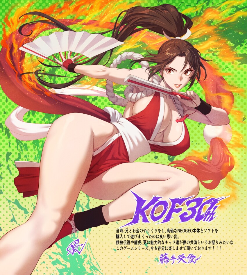 1girl anniversary breasts cleavage fatal_fury fujii_eishun high_ponytail highres large_breasts long_hair looking_at_viewer ninja ponytail second-party_source shiranui_mai sideboob smile snk solo the_king_of_fighters
