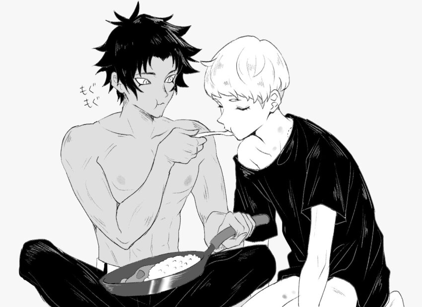 2boys abs arm_support asuka_ryou bare_legs belt chewing closed_eyes collarbone commentary_request devilman devilman_crybaby eating eyelashes food frying_pan fudou_akira grey_background greyscale holding holding_pan holding_spoon holding_utensil huziqunzi indian_style kneeling long_shirt looking_at_another male_focus monochrome multiple_boys navel nipples omelet omurice pectorals seiza shirt short_hair short_sideburns short_sleeves simple_background single_bare_shoulder sitting spiked_hair spoon topless_male utensil