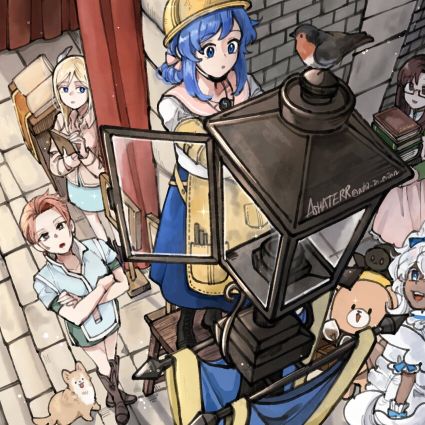 5girls aeira_(mabinogi) apron asha_in_erinn bear bird eavan_(mabinogi) evy_(mabinogi) helmet highres lamppost lorna mabinogi multiple_girls outdoors repairing
