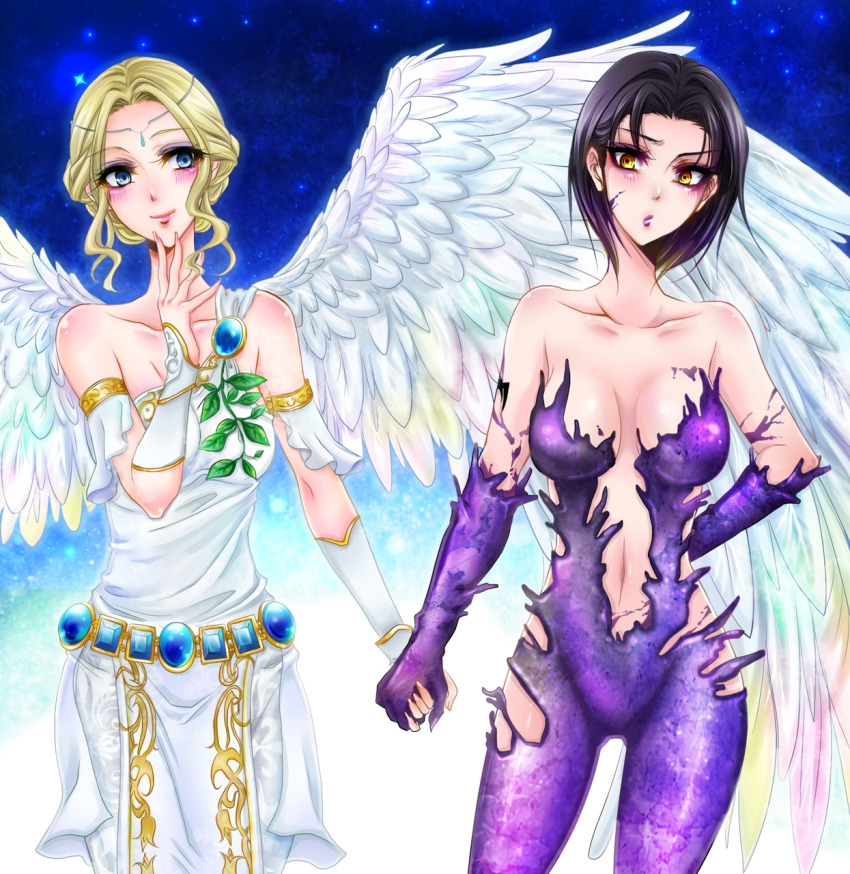 2girls angel_(tekken) angel_wings black_hair blonde_hair highres holding_hands kazama_jun multiple_girls namco night night_sky ooze purple_goo sky star_(sky) tekken tekken_2 tekken_tag_tournament tekken_tag_tournament_2 unknown_(tekken) wings yellow_eyes