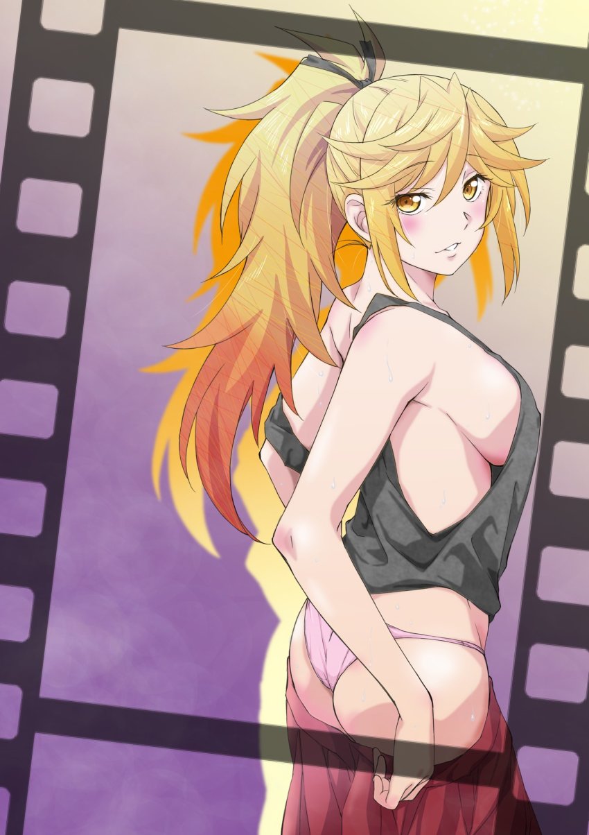 1girl ass black_ribbon black_tank_top blonde_hair breasts clothes_pull covered_erect_nipples from_side hair_between_eyes hair_ribbon high_ponytail highres kamiya_karen koseki_masaru large_breasts long_hair looking_at_viewer no_bra panties parted_lips ponytail red_skirt ribbon shuumatsu_no_harem sideboob skirt skirt_pull smile solo strap_slip tank_top underwear undressing very_long_hair wedgie yellow_eyes