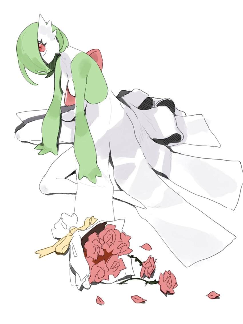 1girl bob_cut bouquet colored_skin dress flower gardevoir gen_3_pokemon green_hair green_skin hair_over_one_eye highres kame_(3t) multicolored_skin nintendo pokemon pokemon_(creature) simple_background sitting two-tone_skin white_background white_dress white_skin