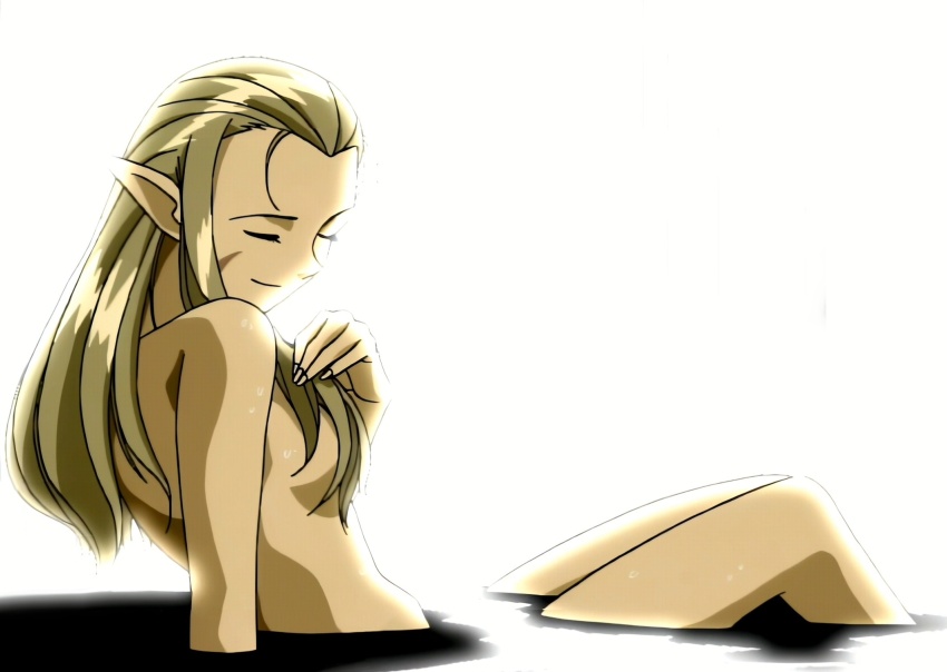 bathing blonde_hair closed_eyes completely_nude hair_covers_breasts highres jessica_de_alkirk lunar lunar:_the_silver_star nude official_art pointy_ears sweat