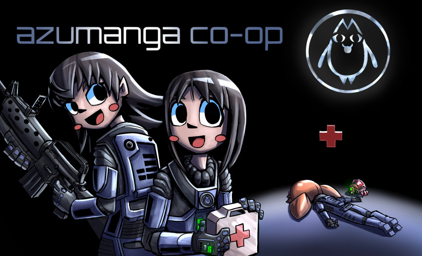 3girls armor assault_rifle azumanga_daiou black_hair blue_armor blush brown_hair cat copyright_name cosplay crossover derivative_work first_aid_kit gun half-life half-life_(series) half-life_1 hev_suit highres holding holding_gun holding_weapon kasuga_ayumu logo_parody m16 mihama_chiyo mihama_chiyo&#039;s_father multiple_girls power_armor rifle screenshot_redraw snark_(half-life) srherbii takino_tomo twintails video_game weapon