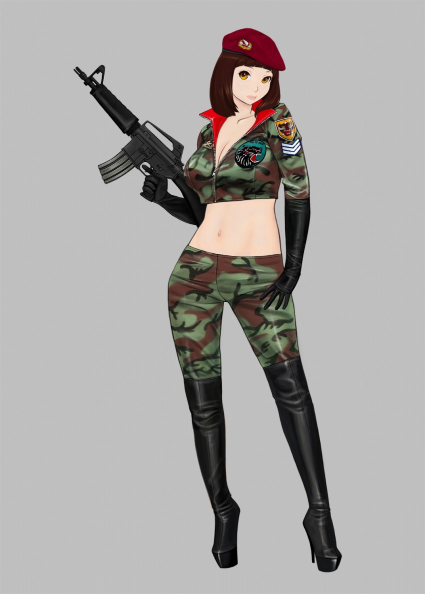 1girl assault_rifle beret boots breasts brown_eyes brown_hair camouflage colt_commando elbow_gloves female_focus gloves gun hat high_heel_boots high_heels highres knee_boots komii looking_at_viewer m16 midriff military military_uniform navel original rifle solo thigh_boots thighhighs weapon yellow_eyes