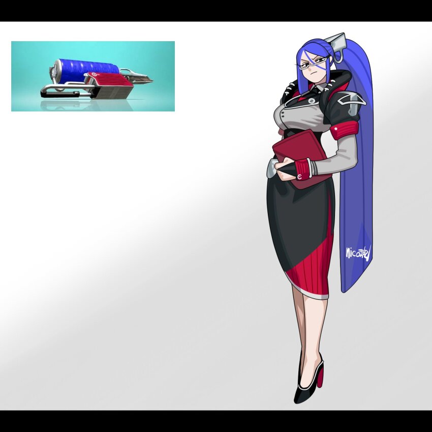 1girl black_necktie blue_hair breasts clipboard closed_mouth flingza_roller_(splatoon) full_body glasses hair_between_eyes high_heels highres holding holding_clipboard jacket large_breasts long_hair long_sleeves looking_at_viewer necktie nintendo personification puffy_sleeves reference_inset sido_(slipknot) signature simple_background skirt solo splatoon_(series) standing very_long_hair