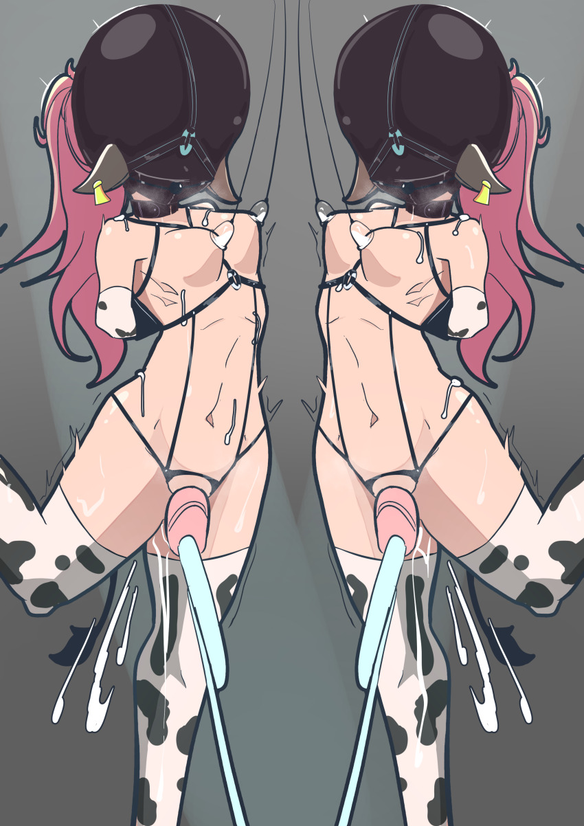 2girls absurdres animal_ears animal_print animeretrograde bdsm bondage bound cow_ears cow_girl cow_print cow_print_gloves cow_print_thighhighs cum gag gimp_mask gloves head_harness highres human_cattle mask milking milking_machine multiple_girls pink_hair ponytail print_gloves print_thighhighs sex_toy siblings sisters slave sweat thighhighs twins vibrator