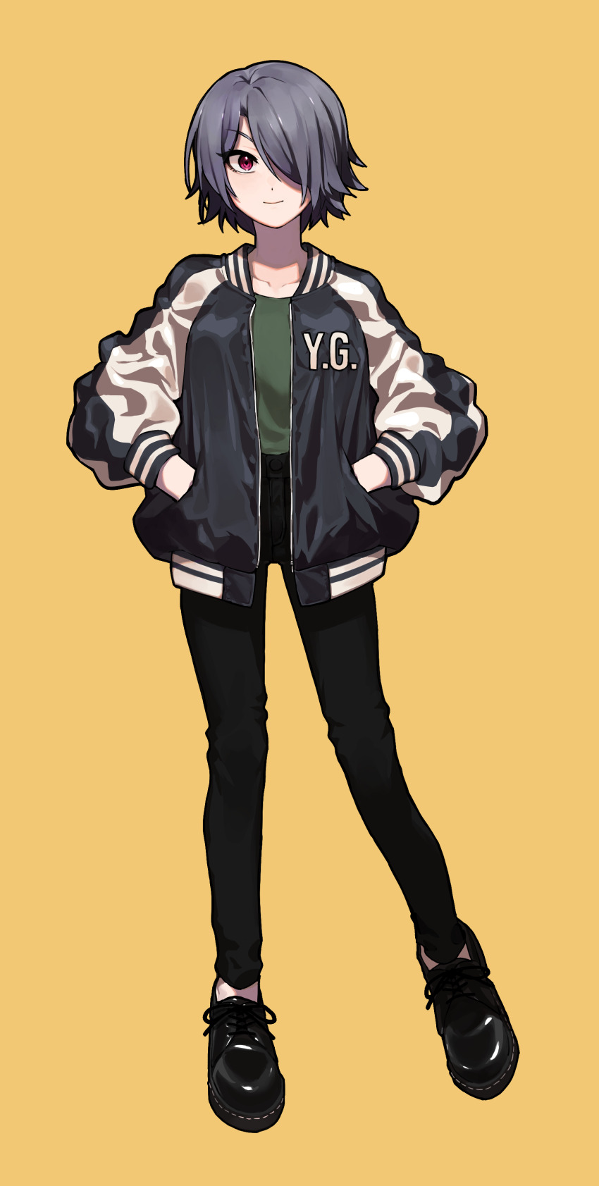 1girl absurdres black_footwear black_pants collarbone commentary full_body green_shirt grey_hair hair_over_one_eye hands_in_pockets highres isabella_(love_live!) jacket letterman_jacket long_sleeves looking_at_viewer love_live! love_live!_school_idol_festival open_clothes open_jacket pants pink_eyes shirt short_hair simple_background smile solo standing straight-on tori_(game28) tsurime v-shaped_eyebrows yellow_background