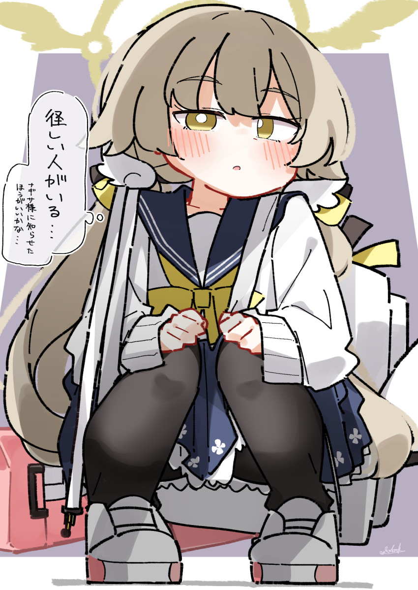1girl :o assault_rifle backpack bag black_pantyhose blue_archive blue_sailor_collar blue_skirt blush border brown_hair bullpup dash_b grey_background gun halo hifumi_(blue_archive) highres l85 long_hair looking_at_viewer low_twintails pantyhose parted_lips pleated_skirt rifle sailor_collar shirt shoes skirt solo squatting translation_request twintails very_long_hair weapon white_border white_shirt white_shoes yellow_eyes