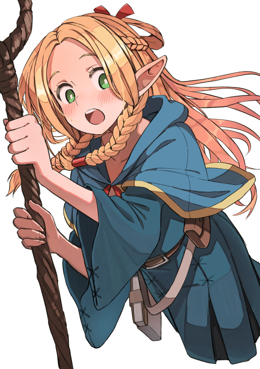 1girl ambrosia_(dungeon_meshi) belt blonde_hair blush book braid braided_bangs braided_hair_rings bright_pupils capelet dress dungeon_meshi dutch_angle elf green_eyes hair_rings highres holding holding_staff long_hair looking_down looking_to_the_side marcille_donato open_mouth pointy_ears pouch solo staff staff_(weapon) toraneko white_background white_pupils