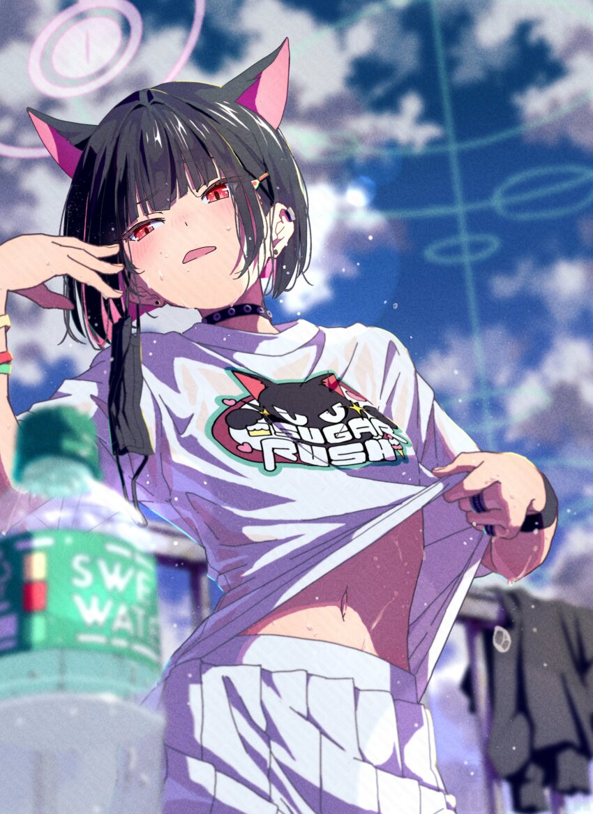 1girl absurdres animal_ears black_choker black_hair black_mask blue_archive blurry blush bottle cat_ears choker clothes_lift cloud colored_inner_animal_ears colored_inner_hair day depth_of_field ear_piercing extra_ears hair_ornament hairclip halo highres jewelry kazusa_(band)_(blue_archive) kazusa_(blue_archive) lifting_own_clothes mask mask_pull matsumoto_yutaka mouth_mask multicolored_hair navel open_mouth outdoors piercing pink_hair pink_halo pleated_skirt print_shirt red_eyes shirt shirt_lift short_hair short_sleeves skirt sky solo sweat t-shirt two-tone_hair water_bottle wet wet_clothes wet_shirt white_shirt white_skirt
