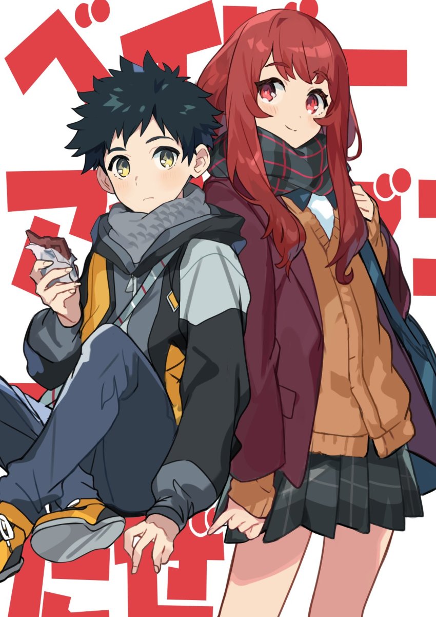 1boy 1girl bag black_hair black_jacket black_sclera blue_bag blush candy chocolate chocolate_bar closed_mouth colored_sclera fingernails food grey_jacket grey_scarf grey_skirt highres holding holding_chocolate holding_food hood hood_down hooded_jacket jacket kanyoko_(yuzukano_17) long_hair long_sleeves looking_at_another lotte_(company) multicolored_jacket open_clothes open_jacket orange_jacket orange_shoes pinky_out plaid_clothes plaid_skirt red_eyes red_hair red_jacket scarf scarf_pull shoes sitting skirt sleeves_past_wrists smile sneakers translation_request valentine yellow_eyes zipper zipper_pull_tab