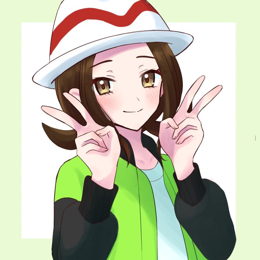 1girl blush brown_hair double_v green_jacket harmony_(pokemon) hat jacket miigon99999 nintendo pokemon pokemon_legends:_z-a shirt short_hair simple_background smile solo striped_hat v white_hat white_shirt