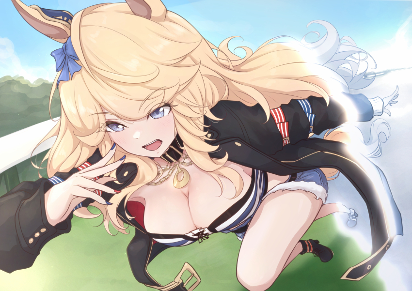 1girl absurdres animal_ears asymmetrical_footwear black_jacket blonde_hair blue_eyes breasts chahiro choker cleavage commentary_request denim denim_shorts full_body gloves gold_city_(umamusume) highres horse_ears horse_girl horse_tail jacket large_breasts long_hair midriff mismatched_footwear multicolored_nails running shorts single_glove solo tail thigh_strap umamusume