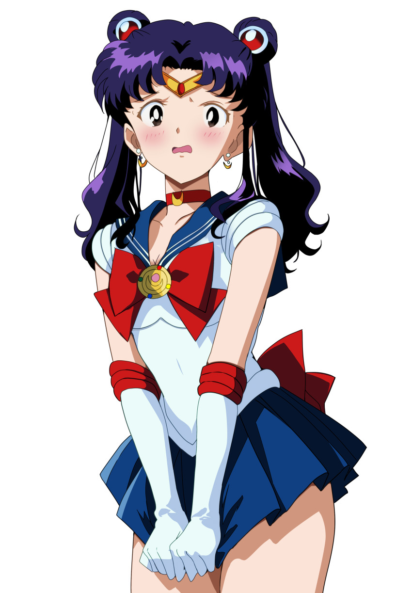 1girl absurdres back_bow bishoujo_senshi_sailor_moon black_eyes blue_sailor_collar blue_skirt blush bow bowtie breasts choker circlet cleavage cosplay cowboy_shot crescent crescent_choker crescent_earrings double_bun earrings elbow_gloves embarrassed female_focus gem gloves hair_bun highres jewelry katsuragi_misato long_hair looking_at_viewer miniskirt mitsuishi_kotono neon_genesis_evangelion open_mouth pleated_skirt purple_hair red_bow red_bowtie red_choker red_gemstone sailor_collar sailor_moon sailor_moon_(cosplay) simple_background skirt skirt_tug small_breasts solo standing tetsuado twintails voice_actor_connection wavy_mouth white_background white_gloves