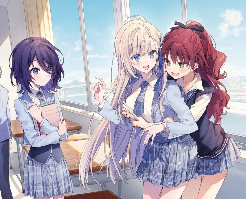 3girls :d ahoge bare_legs bcoca blazer blonde_hair blue_eyes blue_sky book cardigan classroom cloud curly_hair curtains desk dress_shirt grabbing_another&#039;s_breast green_eyes groping hair_ribbon heterochromia highres holding holding_book jacket kanzaki_minaka long_hair looking_at_another machigane_lily medium_hair multiple_girls necktie novel_illustration official_art open_mouth ore_no_osananajimi_wa_main_heroine_rashii. plaid_clothes plaid_necktie plaid_skirt ponytail purple_eyes purple_hair red_hair ribbon school_desk school_uniform second-party_source shirt skirt sky smile window windowsill yakumo_shuri yuri