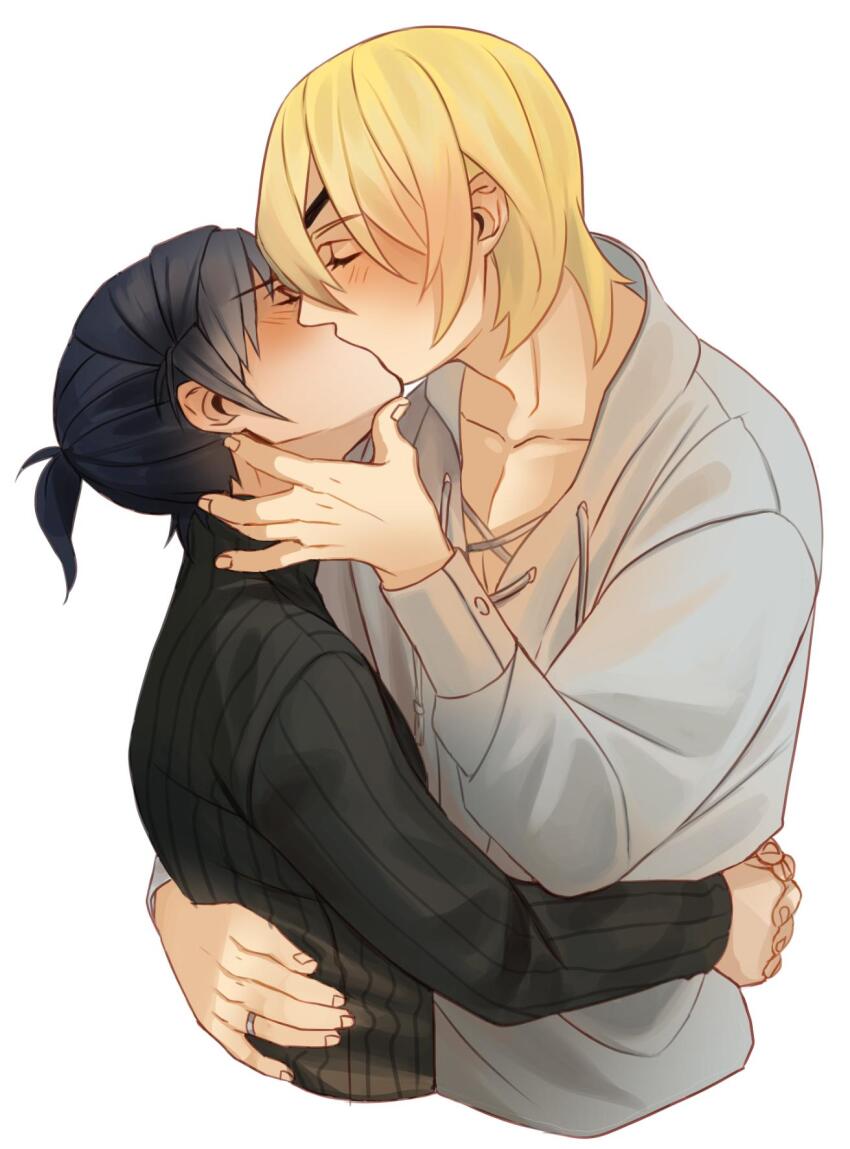 2boys arms_around_waist black_hair black_shirt blonde_hair blush closed_eyes commentary cropped_torso cross-laced_clothes dimitri_alexandre_blaiddyd dimitri_alexandre_blaiddyd_(timeskip) english_commentary eyepatch felix_hugo_fraldarius felix_hugo_fraldarius_(timeskip) fire_emblem fire_emblem:_three_houses grey_shirt hair_behind_ear hand_on_another&#039;s_back hand_on_another&#039;s_neck head_back highres jewelry long_sleeves male_focus multiple_boys nintendo parted_bangs plaemon ponytail profile ring shirt short_ponytail simple_background turtleneck white_background yaoi