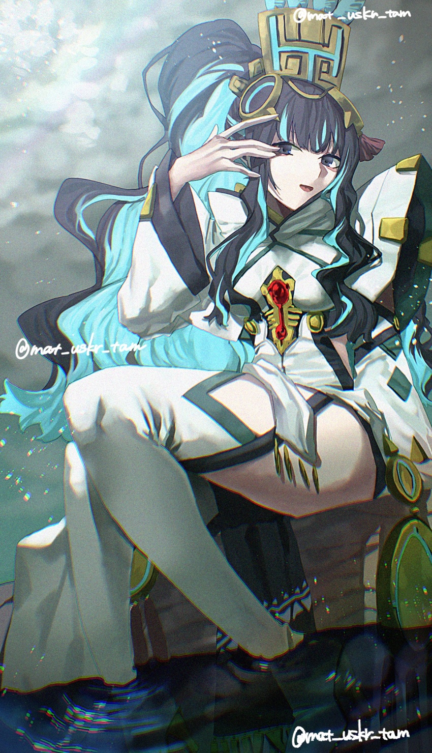 aztec bird black_hair blue_hair colored_inner_hair fate/grand_order fate_(series) grey_eyes headdress high_ponytail highres hummingbird mat_uskr_tam multicolored_hair ponytail smile tenochtitlan_(fate) tenochtitlan_(third_ascension)_(fate) thighs two-tone_hair water wavy_hair