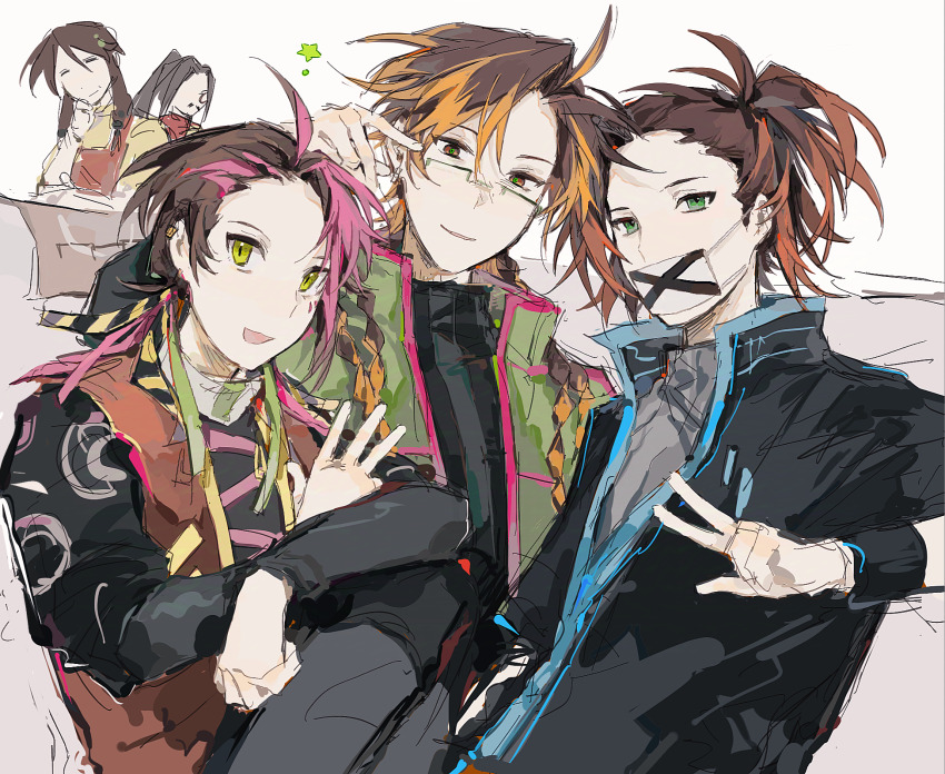 1girl 4boys apron black_jacket black_shirt blonde_hair brown_eyes brown_hair closed_eyes closed_mouth commentary earclip glasses green-framed_eyewear green_eyes green_jacket green_pupils grey_shirt highres jacket lei_renqun_xing_shanyao_shi long_hair mask mouth_mask multicolored_hair multiple_boys open_clothes open_jacket open_mouth open_vest orie_dii orie_kadou orie_rin orie_suan orie_sueko pink_hair pink_trim ponytail quad_braids rectangular_eyewear red_apron red_vest saibou_shinkyoku semi-rimless_eyewear shirt smile striped_clothes striped_shirt two-tone_hair vertical-striped_clothes vertical-striped_shirt vest w white_shirt wristband