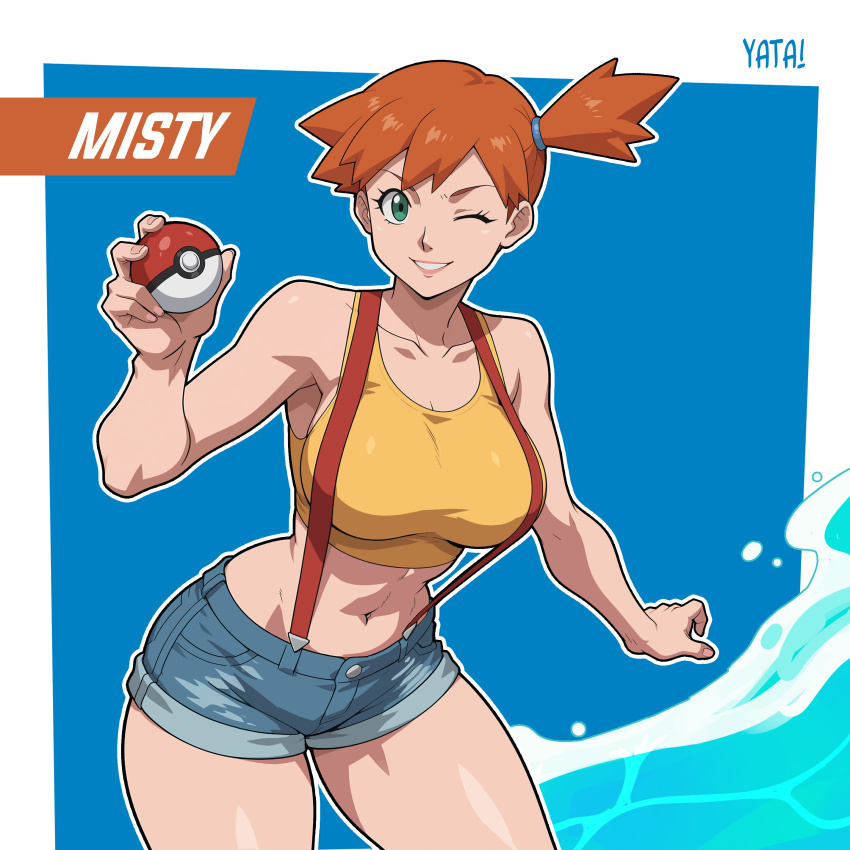 1girl absurdres artist_name bare_shoulders blue_background blue_shorts breasts character_name collarbone cowboy_shot crop_top denim denim_shorts green_eyes grin gym_leader highres holding holding_poke_ball large_breasts looking_at_viewer midriff misty_(pokemon) navel nintendo one_eye_closed orange_hair outline poke_ball poke_ball_(basic) pokemon pokemon_(anime) pokemon_(classic_anime) pokemon_rgby ponytail short_hair short_shorts shorts side_ponytail smile solo suspender_shorts suspenders tank_top thighs water white_outline yatagarasupen yellow_tank_top