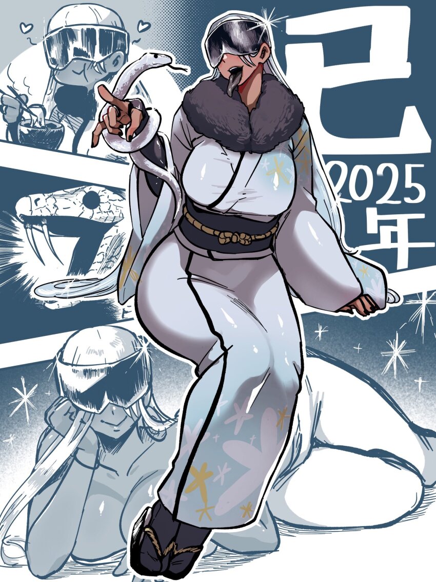 1girl breasts cleavage dark-skinned_female dark_skin eating eye_mask highres iu15236376 large_breasts long_tongue mask open_mouth snake tagme tongue