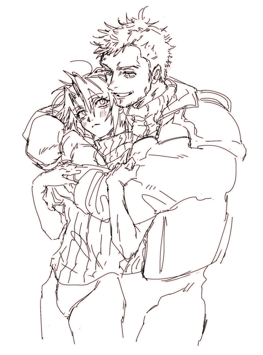 2boys arms_around_neck blush commentary_request eyelashes final_fantasy final_fantasy_vii final_fantasy_vii_ever_crisis glenn_lodbrok grin highres hug looking_at_another male_focus multiple_boys sephiroth sephiroth_(ever_crisis) shirt short_hair sketch smile standing turtleneck very_short_hair yaoi zc_furuya