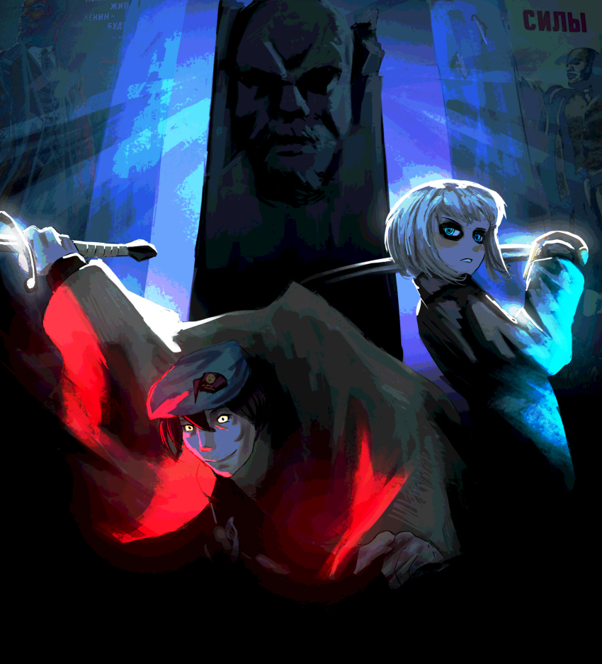 1boy 1girl android arm_up backlighting baggy_clothes bandolier belt beret black_eyeshadow black_hair bloom blue_eyes blue_light bust_(sculpture) coat color_banding color_contrast commentary communism crazy_smile dark dark_room dynamic_pose explosive eyeshadow frown grenade hat highres holding holding_sword holding_weapon hunched_over indoors iskander_dzhugashvili ivantsg lens_eye light_rays makeup marie_(peripeteia) monument painterly parted_lips peripeteia pillar poster_(object) red_light russian_text saber_(weapon) shadow sidelighting smile swinging_weapon sword translation_request vladimir_lenin weapon white_hair yellow_eyes