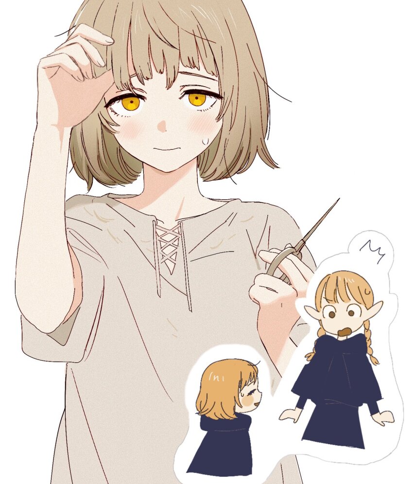 2girls black_robe blonde_hair blush braid brown_hair closed_mouth cutting_hair dungeon_meshi elf falin_touden falin_touden_(tallman) frs2 hand_up highres holding holding_scissors long_hair marcille_donato medium_hair multiple_girls pointy_ears robe scissors shirt simple_background sweatdrop twin_braids white_background white_shirt yellow_eyes